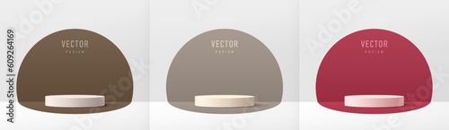 Set of white realistic 3D cylinder pedestal podium with browy, gray and dark pink in semi circle backdrop. Abstract vector 3D rendering geometric platform. Mockup Product display, Wall minimal scene.