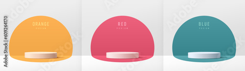 Set of white realistic 3D cylinder pedestal podium with pink, green blue and orange in semi circle backdrop. Abstract vector 3D rendering geometric platform. Mockup Product display, Wall minimal scene