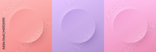 Set of purple, soft pink and light red circle 3D boarder frames design. Abstract realistic 3D pedestal podium scene for product display in top view. Collection of geometric background with copy space.