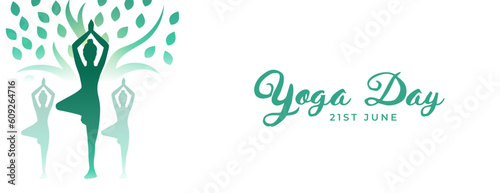 21st june world yoga day banner with artistic tree and exercise posture
