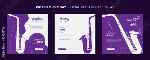 social media post template with flat saxophone design in purple and white background design