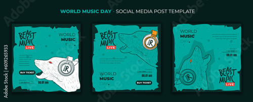 Social media post template for world music day with wolf in line art design