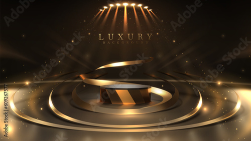 Gold podium empty on dark scene with ribbon element for products presentation and spotlight effect and beam decoration and bokeh. Luxury award ceremony background.