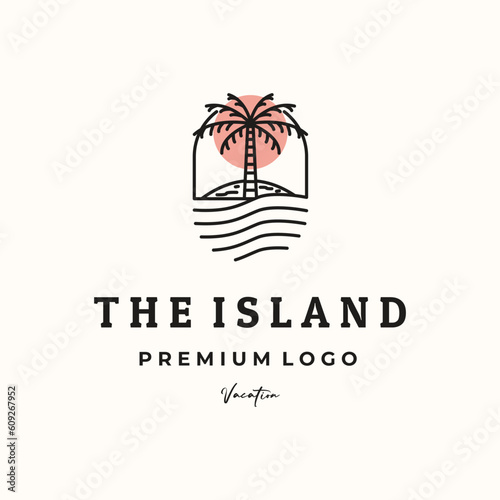 The island coconut tree line art logo vector minimalist illustration design, adventure destination symbol design