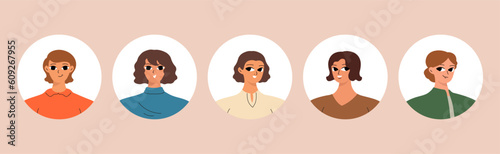 Collection of different people avatars. Round icons with smiling women