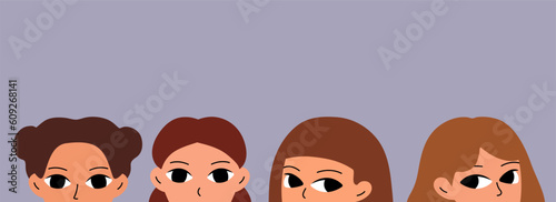 Banner with different women. Cute girlish face. Flat vector