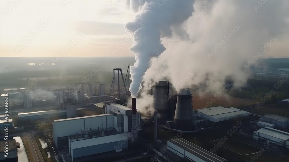 An aerial view of a vast industrial production area with factories emitting thick smoke, polluting the surrounding air. Topics of air pollution and global warming. ai generative image