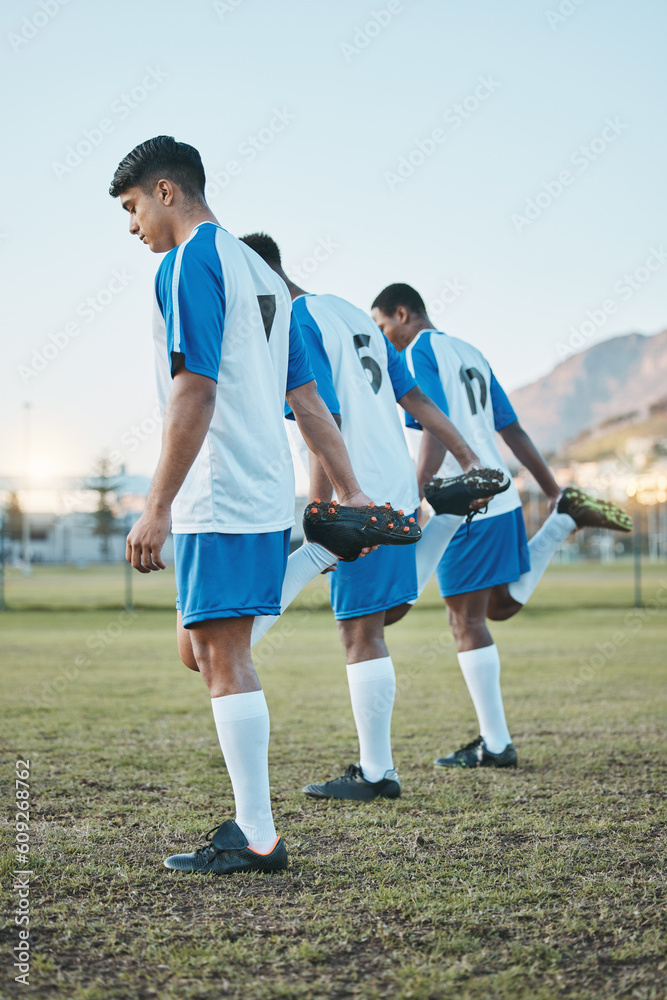 Sports group, soccer and team stretching legs on field for fitness training or muscle warm up. Football player, club and diversity athlete people with focus on sport competition, workout or challenge
