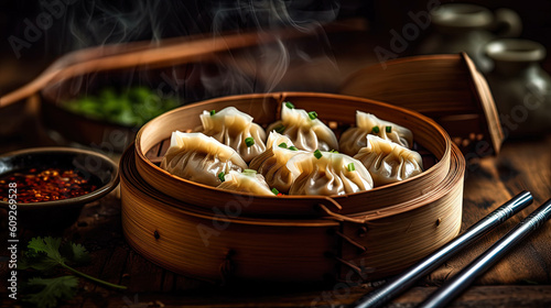 Traditional chinese dumplings served in the wooden bamboo steamer over raw wooden background table