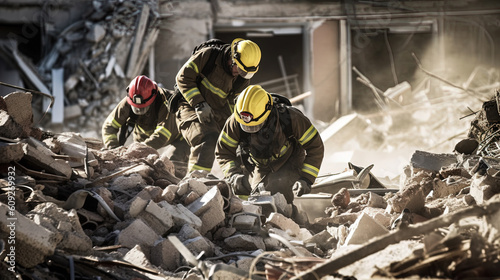 Emergency workers removing rubble together, No Face, Back View, Close up