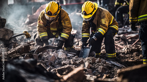 Emergency workers removing rubble together, No Face, Back View, Close up