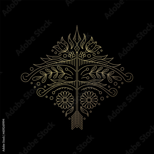 Arrow, Bow with Doodle Flower Frames: Sacred Mystic Signs Drawn in Lines. Illustration in Black and Gold Colors.