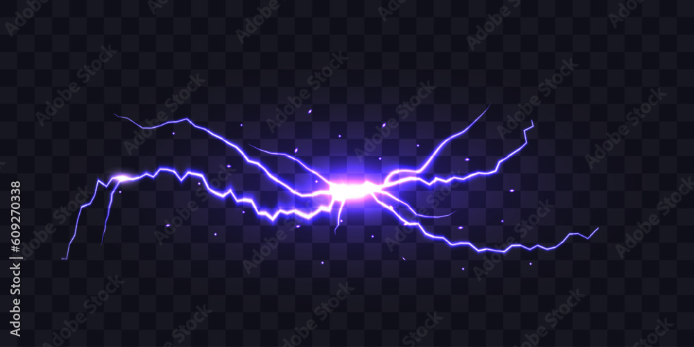Electric discharge. Purple lightning isolated on transparent background. Flash Light. Realistic lightning glow. Natural phenomenon. Vector illustration. Electric discharge. Purple lightning isolated on transparent background. Flash Light. Realistic lightning glow. Natural phenomenon. Vector illustration.
