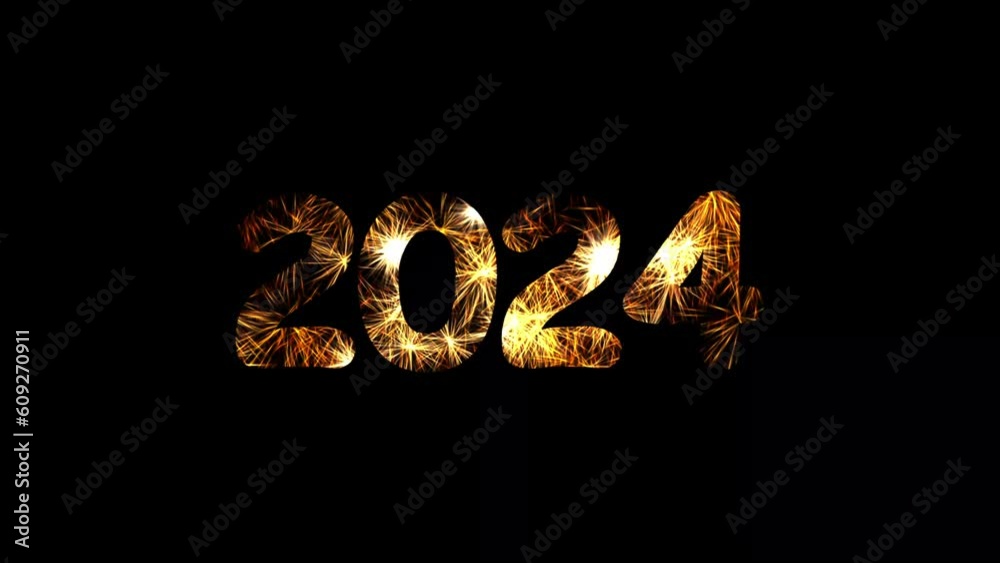 2024 with fireworks effect on plain black background