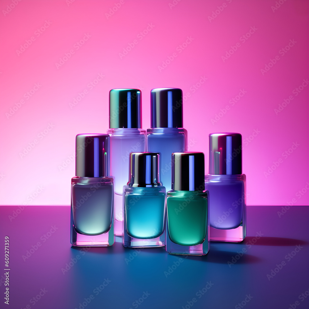 Set of light neon colors nail polish bottles . generative ai Set of light neon colors nail polish bottles . generative ai