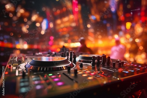 Club Concert Party Musical EDM Sound on Stage Show DJ . Bokeh Blur Background Generative AI
