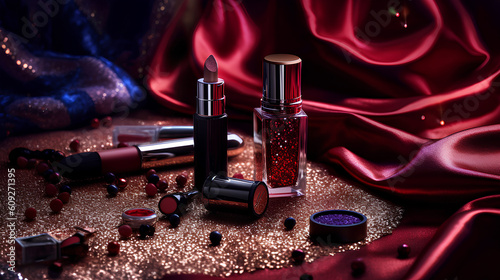 luxury set of makeup on red silk fabric .  generative ai photo