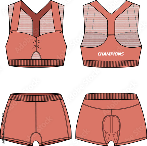 Women Running set with Sports bra top and tights boy short Leggings active wear design flat sketch fashion Illustration suitable for girls and Ladies. Two Piece Swimming set for yoga, gym and running