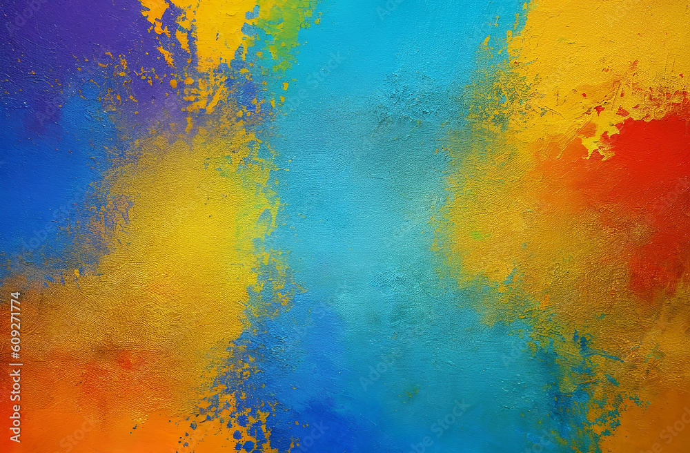 Abstract background with blue, orange, yellow and red spots of paint. AI generated