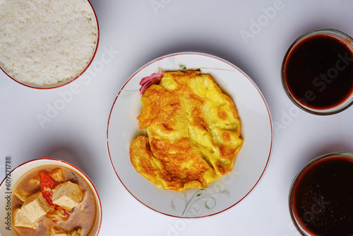omelet and several other foods