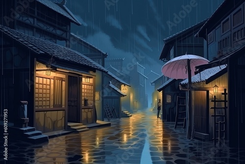 Illustration of a street at night with a lantern and an umbrella, A beautiful artwork illustration of rainy medieval japan AI Generated