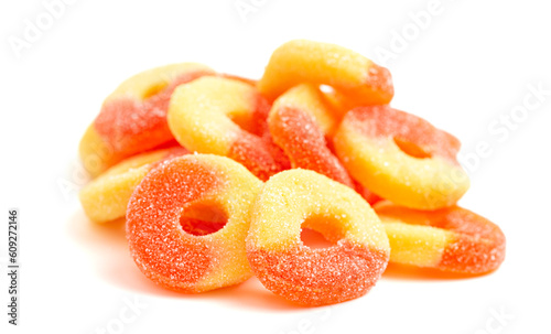 Classic Peach Ring Candies on a White Background