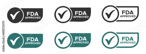 FDA approved vector icons. Food and Drug Administration stamp, icon, symbol, label, badge.