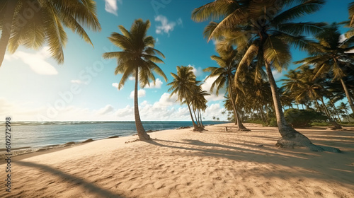 Ocean Beach With Palm Trees. Generative AI © Levon