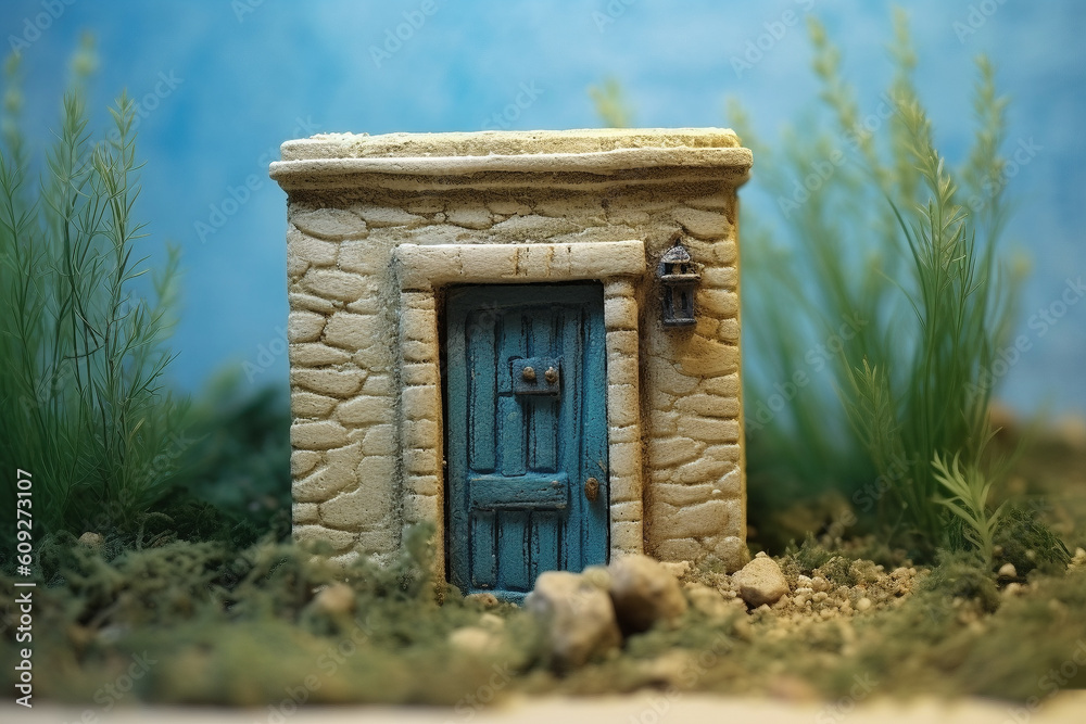 An image of a tiny wall with a blue a door in front of some green grass - Generative AI