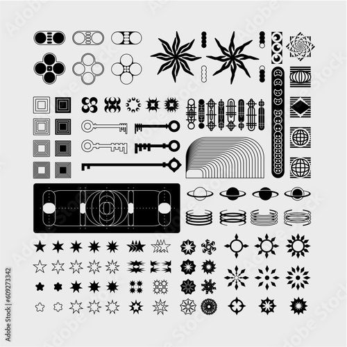 Vector poster elements, geometry assets, modern shapes collection, stricker elements, brutalism, 80s, 90s, flash art, y2k style, grunge, vintage, retrofuturistic, anti-design, minimalism, tattoo art