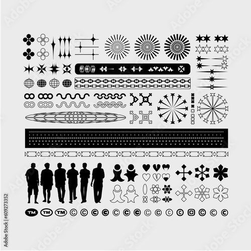Vector graphic pack, geometry assets, modern shapes collection, stricker elements, variety of alternative custom icons, y2k style, grunge, vintage, retrofuturistic, cyber, anti-design, minimal, tattoo