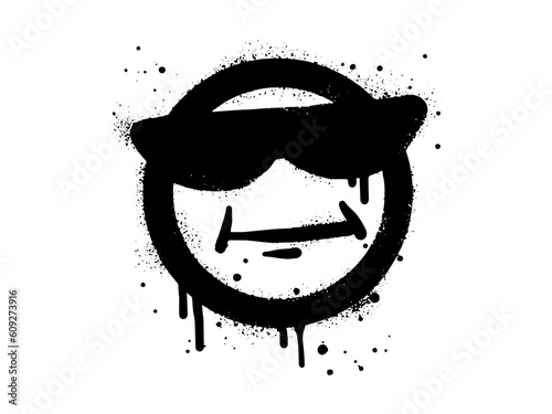 Smiling face emoticon character with sunglasses. Spray painted graffiti smile face in black over white. isolated on white background. vector illustration