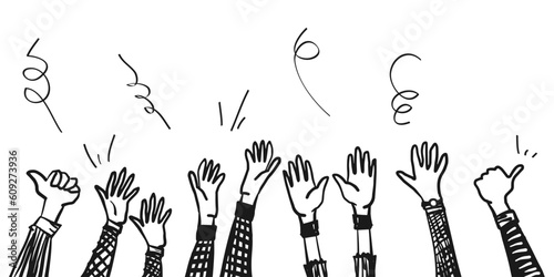 Doodle hands clapping ovation. applause, thumbs up gesture on hand drawn style. vector illustration