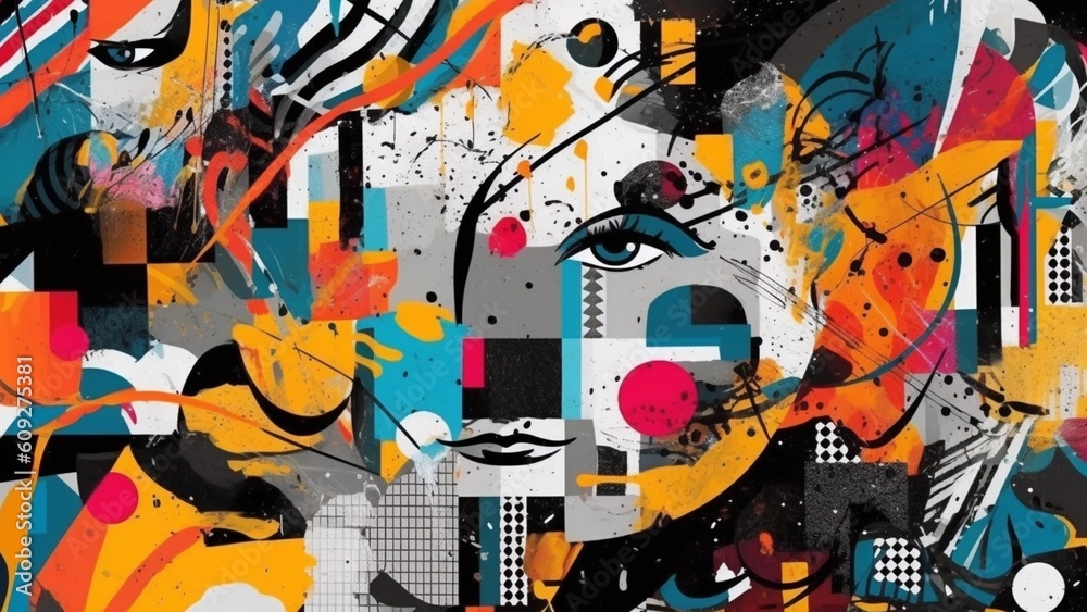 Obraz premium abstract graphic collage, graffiti style, stencil style, graphic abstract illustration, fields, flowers and trees, magical wild forest full of life, abstract and graphic, wild landscape, generated in 