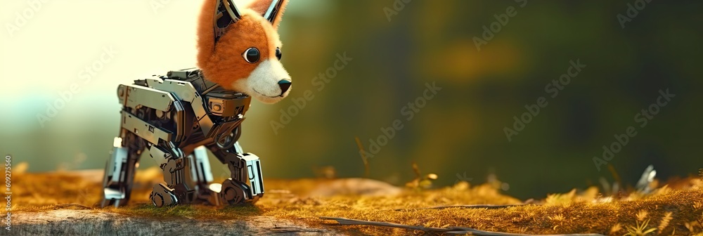 Elegant Robot Fox Amidst Nature's Beauty Background - Robo Fox Nature Backdrop - Wallpaper with a cute Robo Fox created with Generative AI Technology 