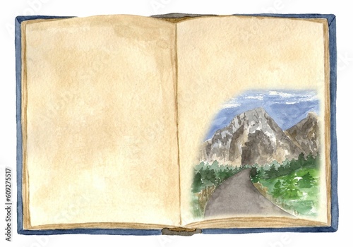 Open book with landscape inside. Road with trees on the sides leading to the mountains. Immerse yourself in fantasy worlds while reading books. Watercolor hand drawn illustration on white background.