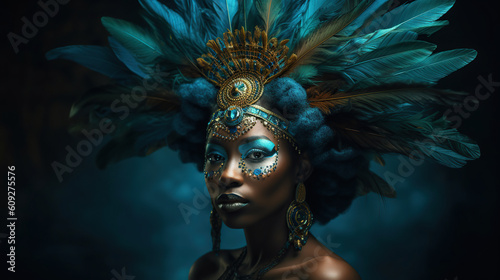 African american woman in feathery headpiece on dark background  fashion  illustration 