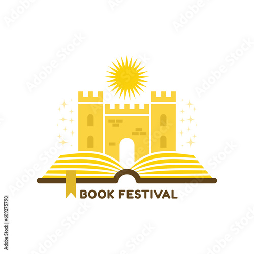 Book festival logo. Open book with a castle. Vector Illustration.