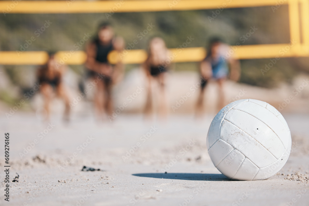 Beach volleyball, sports and on the sand in summer for fitness, fun and vacation games. Health, nature and a ball by the ocean for sport training, cardio or competition on a holiday or travel