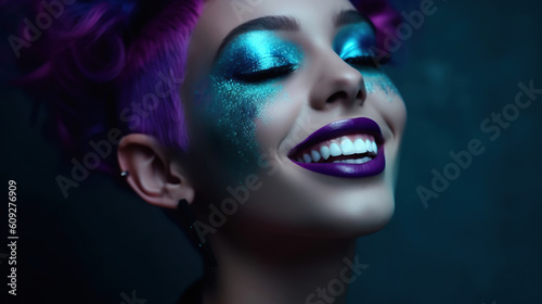 Portrait of young smiling woman in futuristic glam style  pink and blue light  close-up