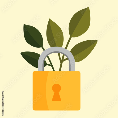 Biosecurity vector illustration in a flat graphic style. Pad lock with green leaves representing protection and security of the agriculture industry. 
