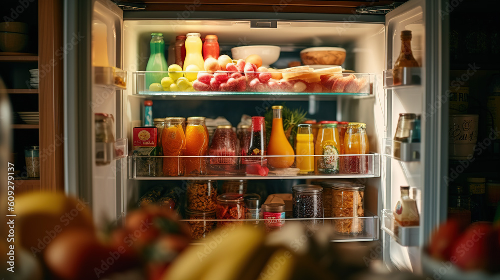 Fridge with foods. Generative AI