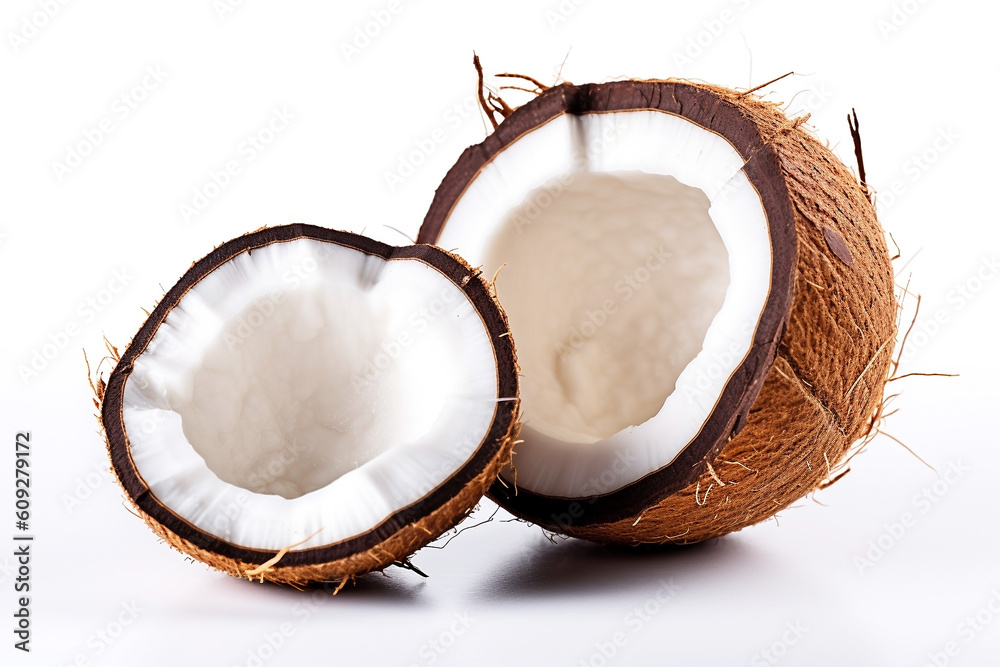 Opened coconut isolated on a white background. Fresh, healthy food. Developed with generative ai Opened coconut isolated on a white background. Fresh, healthy food. Developed with generative ai