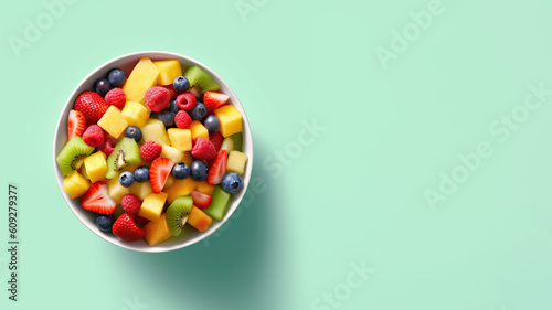 Fruit salad in a blue bowl on a mint background. Space for text  mockup  copy space. Generative AI