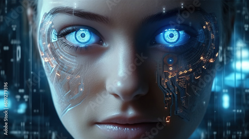 Future woman with cyber technology eye panel. Generative AI