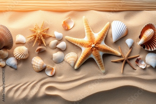 Summer concept with sandy beach  shells and starfish background. Charming Seashells and starfish on a sea beach Background.