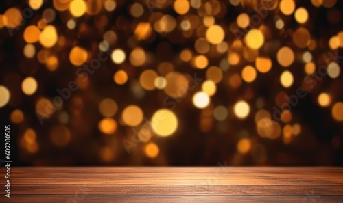 Christmas delights. Bright and Merry xmas decoration. Wooden table on blur bokeh background