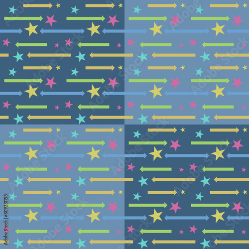 In this seamless pattern, colorful arrows laid out across the background are pale green and dark tones alternating in a checkerboard pattern. Decorated with large and small multicolored stars.