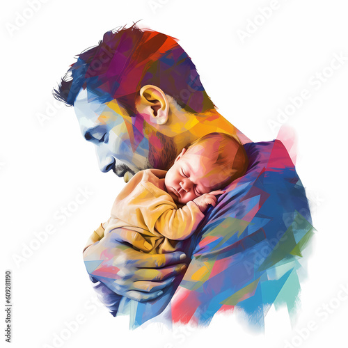 Fathers day colourful illustration on white background. A father holding his kids on his arms. Father caring his child. 