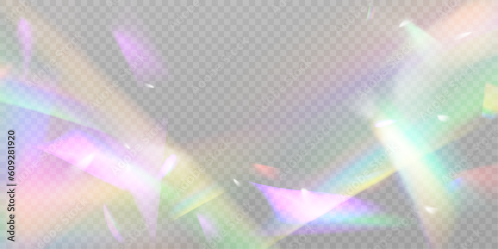 A cluster of colors, bright rays of the spectrum. Glare on a lens, glass, jewelry, or gemstone. The superimposition of the rainbow effect, the refraction of light by a crystal prism. Realistic diamond
